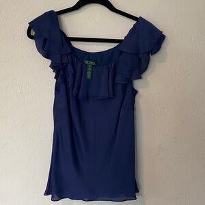 Ralph Lauren Navy Silk Ruffled Blouse